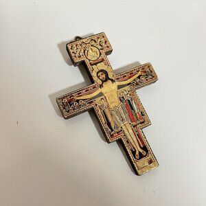 SAN DAMIANO WALL WOOD CROSS CATHOLIC CRUCIFIX 3-1/4" x 2-1/4"-ITALY/Preowned